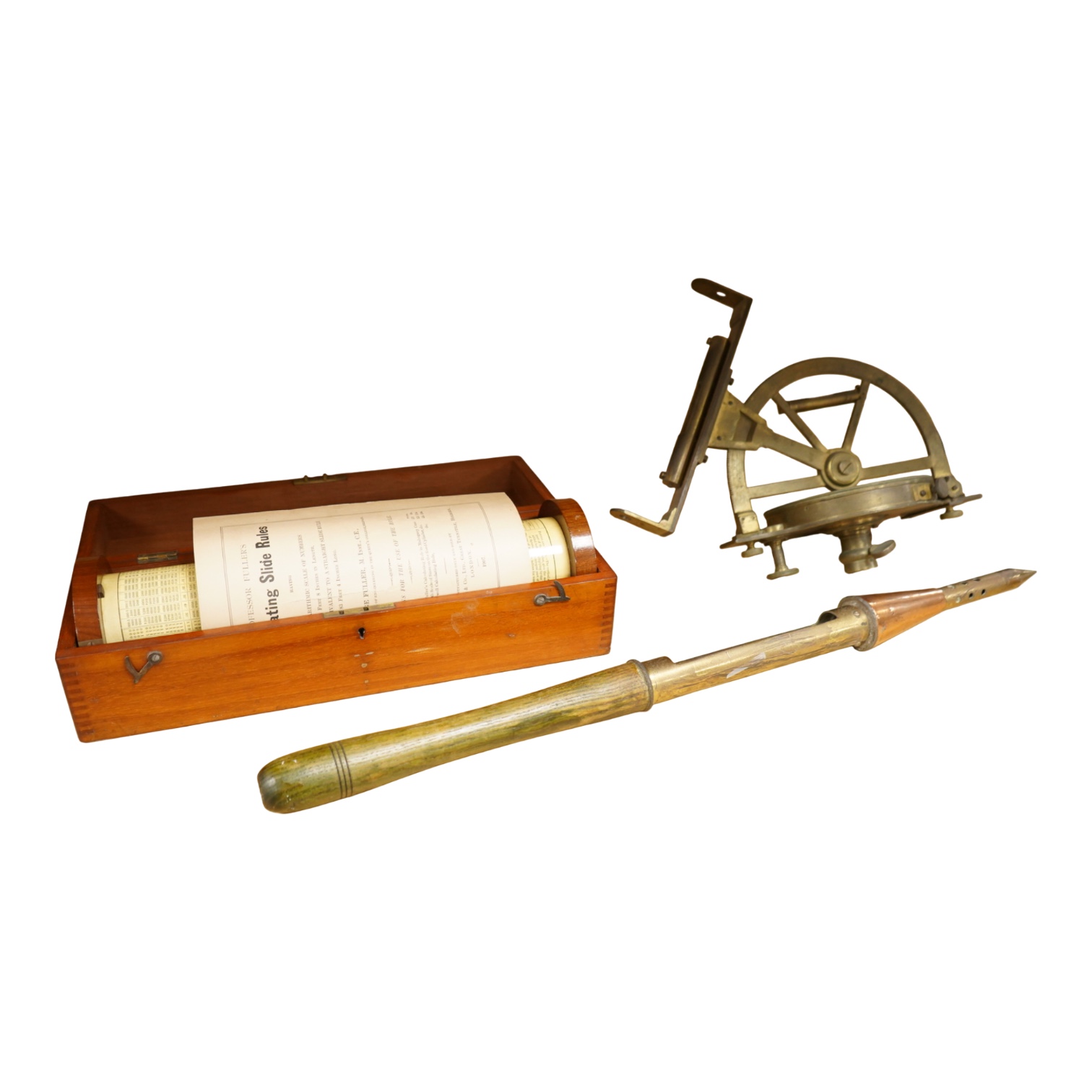 A brass and glass thermometer, with an ash handle, together with an early 19th century brass mining theodolite, by William Wilton, St. Day, Cornwall, (2)